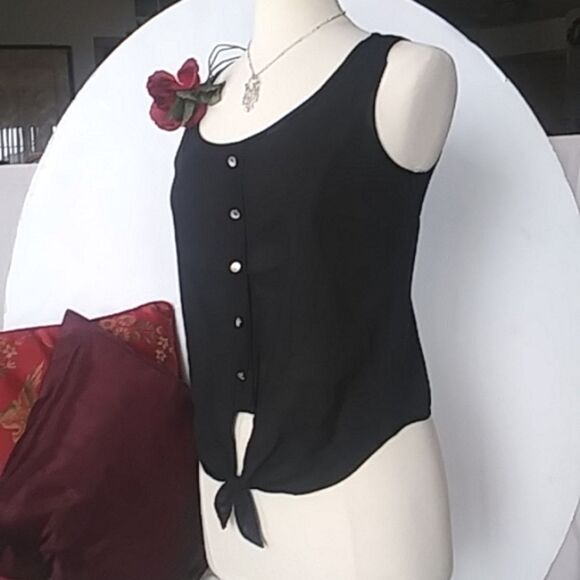 Sleeveless Blouse Top Silver Tone Buttons Tie Front Waist Black 90s Y2K M - Picture 5 of 10